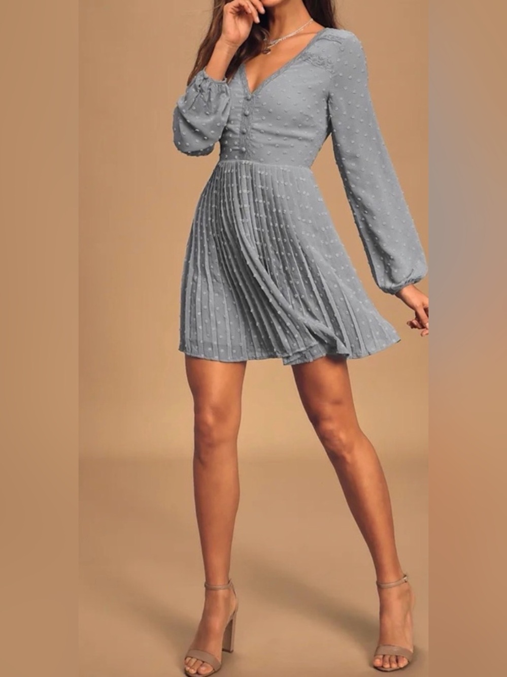 Lulus Poetic Love Blue Swiss Dot Pleated Mini Dress NWT Size S